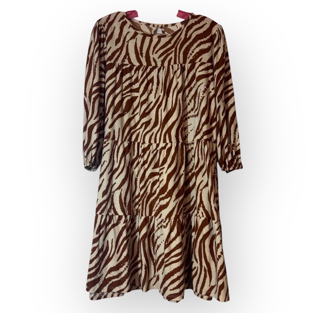 Womens MTS Zebra Print‎ Tiered Dress Brown Beige Long Sleeve Animal Medium